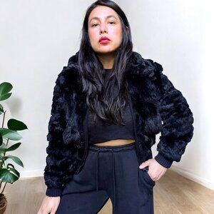Danlee vintage 80's made in Hong Kong black fur rabbit cropped coat women's S
